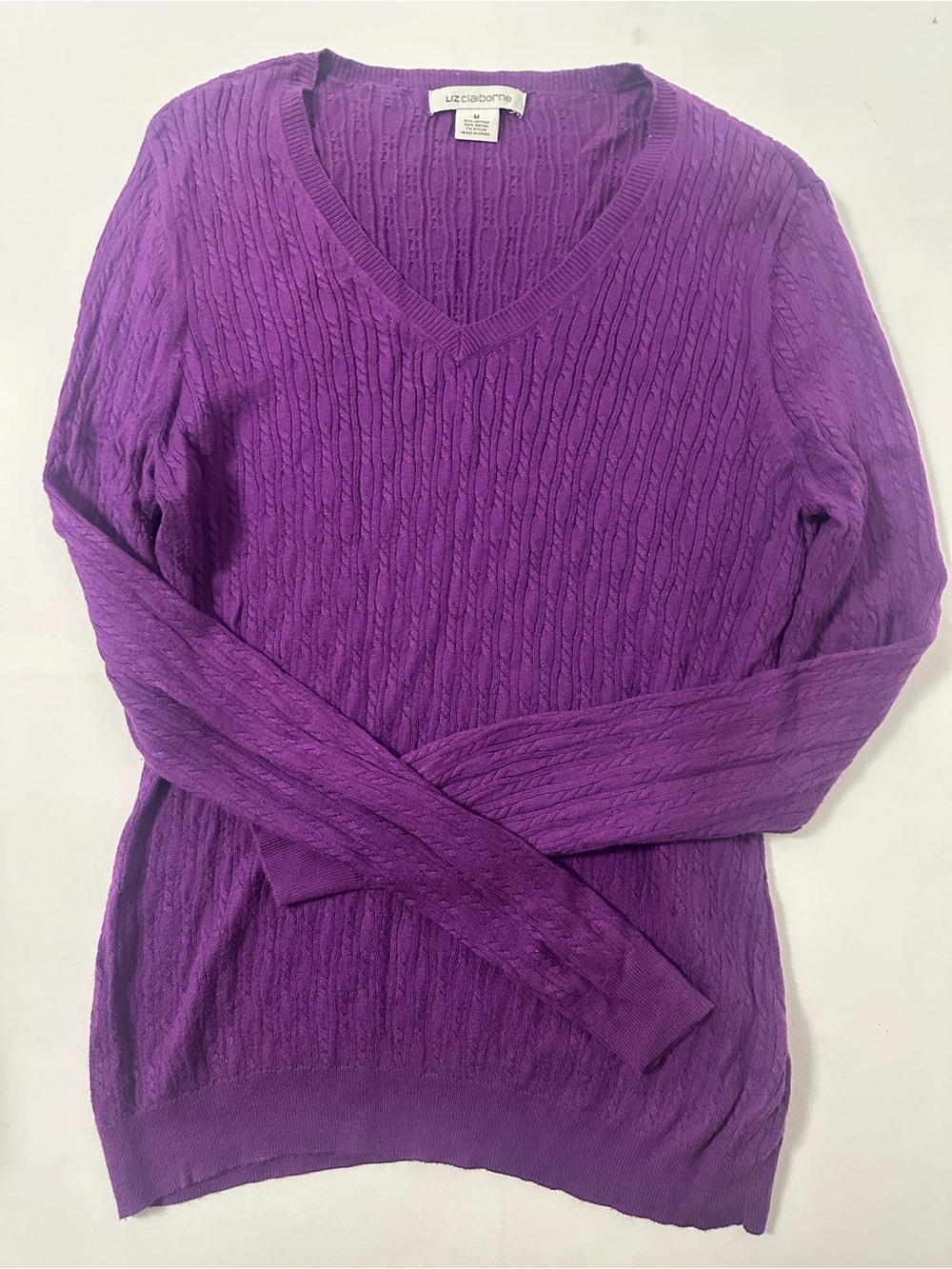 Liz Claiborne Vibrant Purple V-Neck Cable Knit Sweater